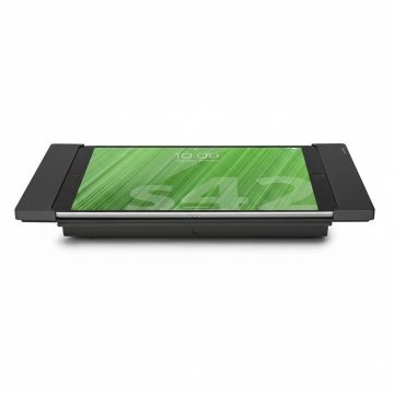 Seitenansicht des Smart Things sDock Fix Tischständers für iPad, mit platziertem iPad 10,9 Zoll und grünem Hintergrund auf dem Bildschirm.