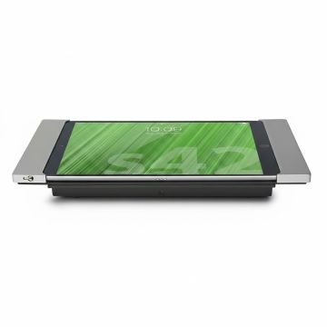 Draufsicht auf den Smart Things sDock Fix Tischständer für iPad A16 mit silberner Oberfläche und einem iPad im Einsatz.