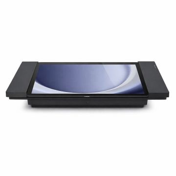 Seitenansicht des Smart Things sDock Fix Tischständers für Samsung Galaxy Tab A9+, schwarz, mit einem Tablet im Ständer.