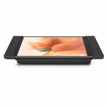 Seitenansicht des Smart Things sDock Fix Tischständers mit Samsung Galaxy Tab S9, schwarz, mit Tablet im Querformat.