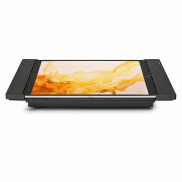 Seitenansicht des Smart Things sDock Fix Tischständers für Samsung Galaxy Tab S10+, mit Tablet im Querformat.