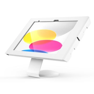 Eckansicht des Compulocks Core Swell Tischhalters für iPad 10,9 Zoll in Weiß, mit buntem Hintergrund und stabiler Basis.