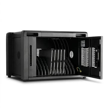 Öffnen Sie den Formcase TransformerBox T12-PD Perf. Plus mit sichtbaren Ladefächern für 12 Geräte.