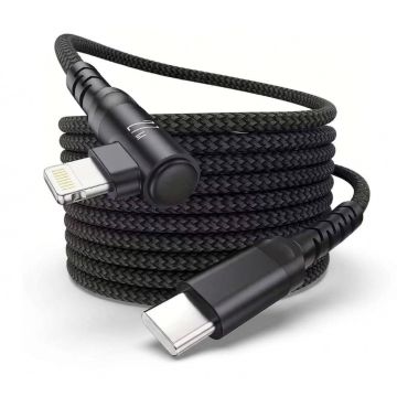 Detailansicht des Torvik USB-C-zu-Winkel-Lightning-Steckers mit einem schwarzen, geflochtenen Kabel von 3 Metern.