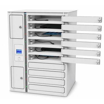 Öffnen Sie den Zioxi onView Chromebook-Ladeschrank für 10 Geräte, wobei die rechten Fächer geöffnet sind und die Ladekabel im Schrank sichtbar sind.