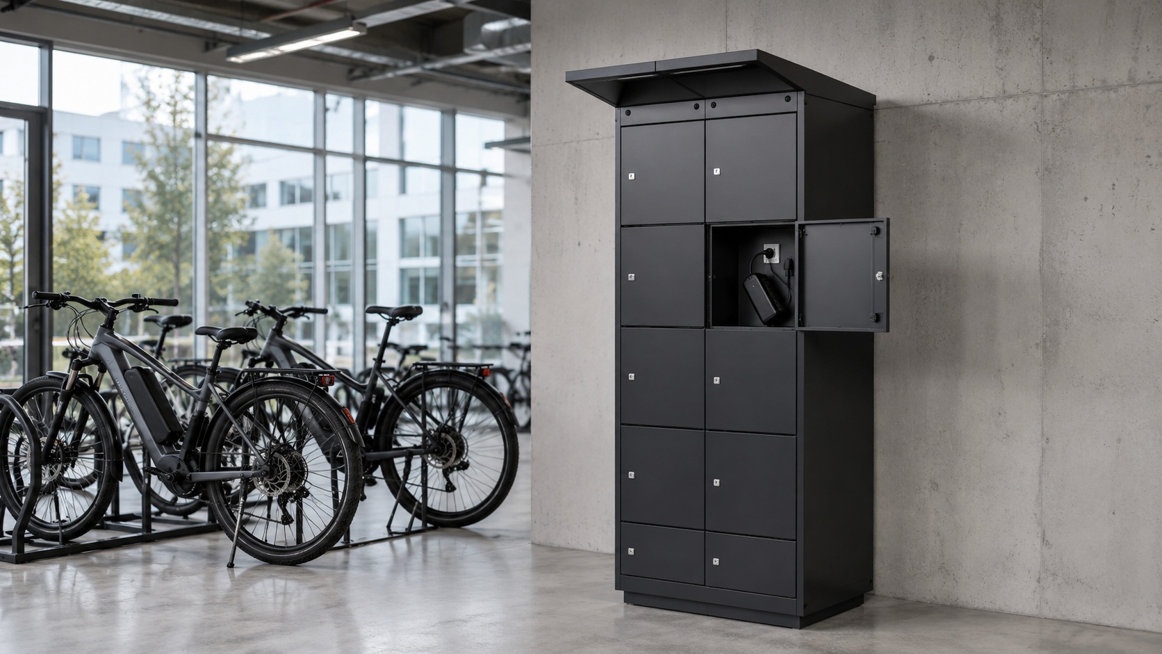 Fahrradakku-Ladespind für Mitarbeitende im Büro